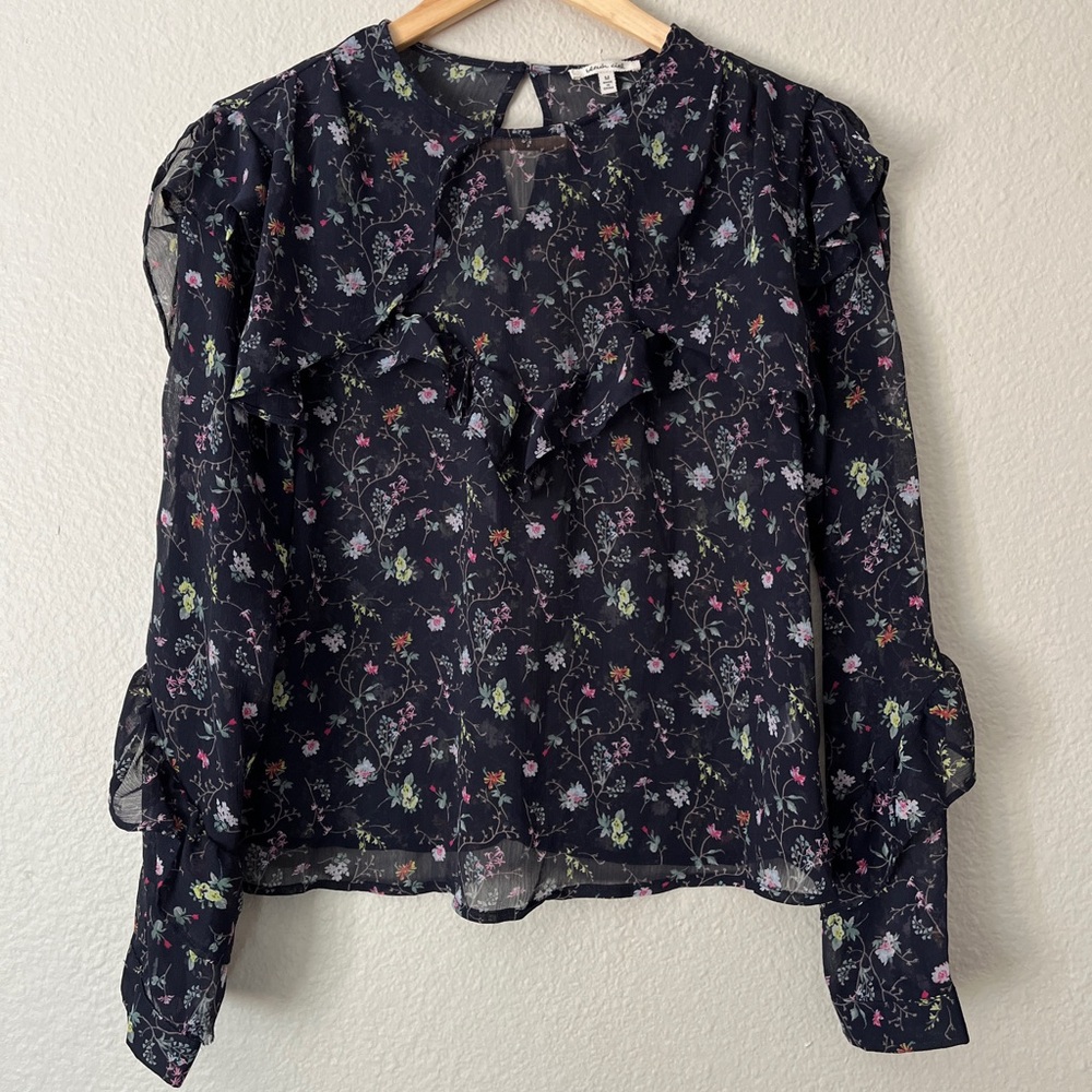 Bleuh Ciel Sheer Ruffled Floral Blouse Keyhole Back Women’s Medium Long Sleeve